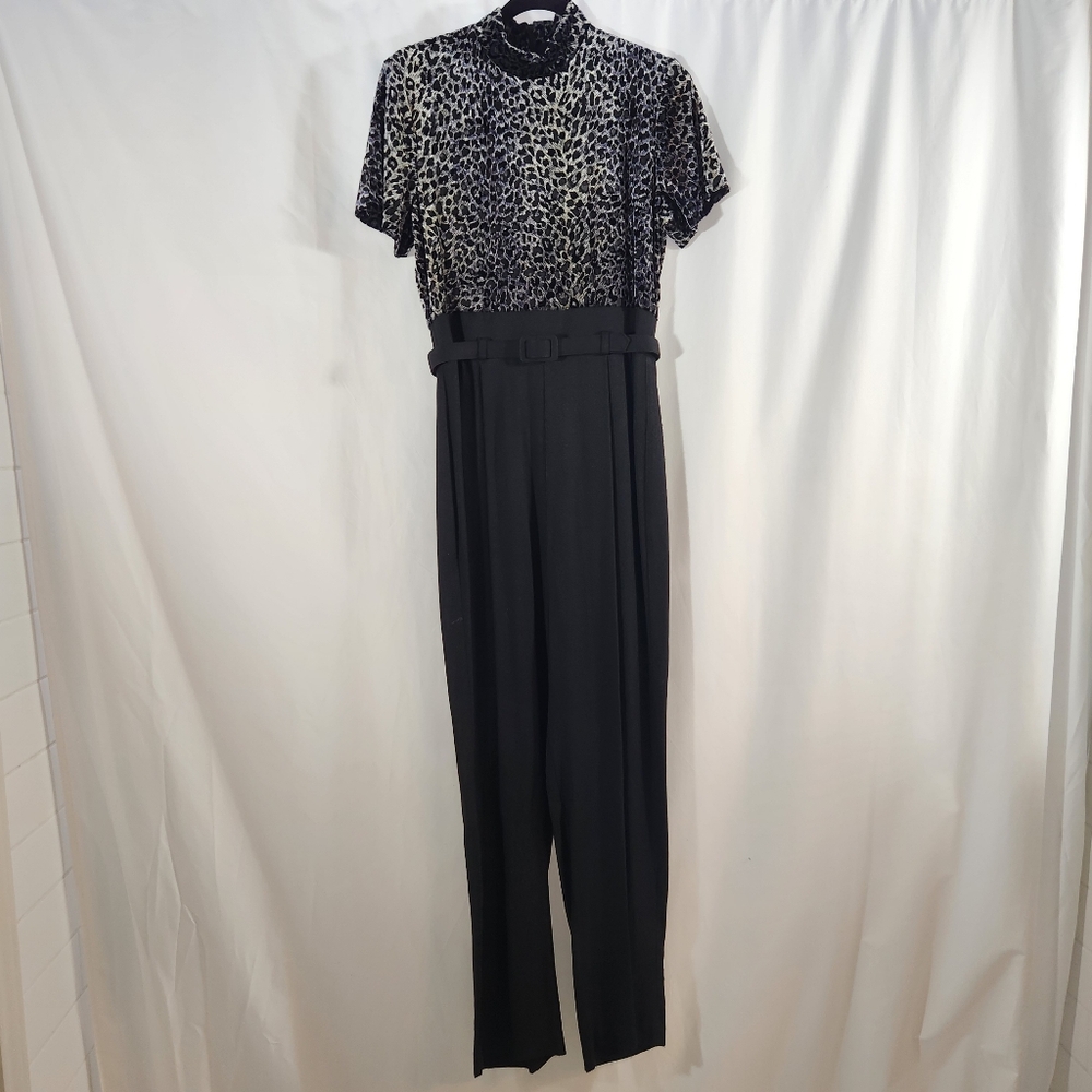 90s John Roberts Elegant Black Jumpsuit with Leopard Print Top Size 8